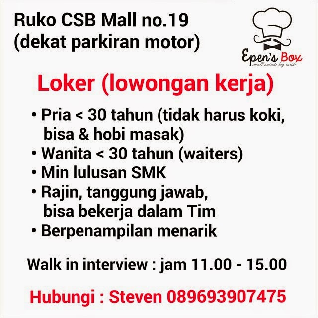 LOWONGAN KERJA: EPEN'S BOX Ruko CSB Mall Cirebon - Cirebon 