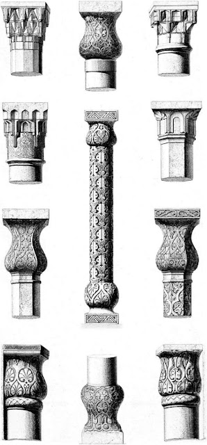 Columns & pillars, ensemble & details. Columns and pillars serve a universal function but bear vaned ornamentation. Often removed from one building to be used in another, they could be a key medium for transmitting designs, an attractive idea when materials like marble were not available locally.