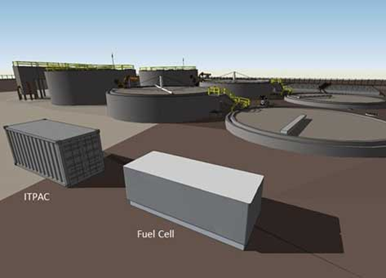 A depiction of one of Microsoft's server-filled IT PAC data center modules paired with a fuel cell at a water treatment plant. Microsoft is contemplating this approach for its first grid-independent Data Plant. Image: Microsoft