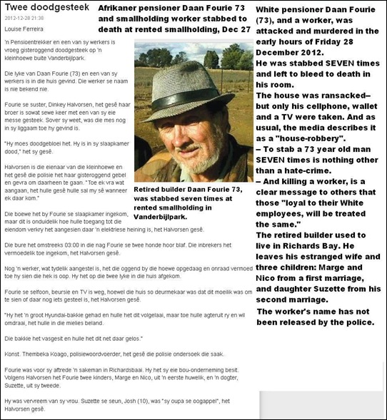Fourie Daan 73 stabbed to death in frenzy with seven stab wounds Vanderbijlparksmallholding Dec282912