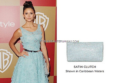 Nina Dobrev Oroton Satin Zip Top Clutch Caribbean Waters InStyle Warner Bros Golden Globe Party OROTON Spring Summer 2013 collection leather bag,  Clutch, wallets accessories Society Clutch Black Icon Mini Australia Luxury brand