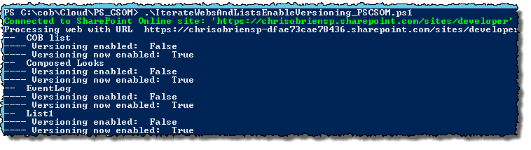 PS CSOM iterate lists enable versioning