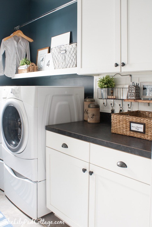 navy and white laundry room