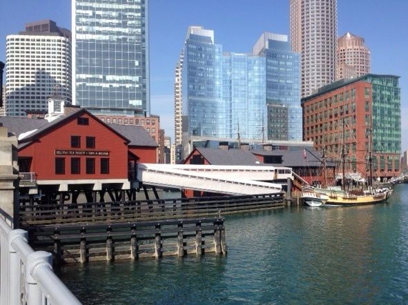 The Boston Tea Party museum sits right on the edge of the harbor. With rising sea levels and the increasing threat of strong storms, buildings like these are at particular risk of flooding. Photo: Christopher Joyce / NPR