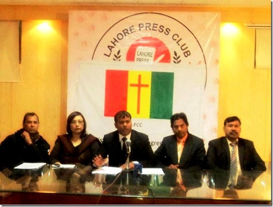 Mushtaq Gill Advocate (center) President Pakistan Christian Congress PCC Lahore and other PCC leaders’ in a press conference in Lahore Press Club