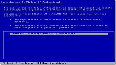 Per ripristinare l’installazione di Windows XP selezionata premere R