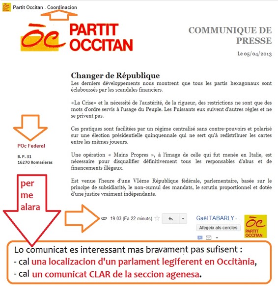 Comunicat del Partit Occitan federal