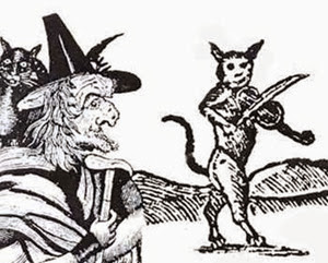 Strega e gatto che strimpella il violino nel Sabba (antica stampa, part)