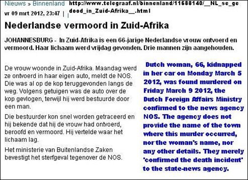 Dutch woman 66 kidnapped killed in South Africa  March 3 2012