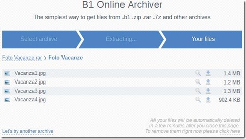 B1 Archiver Online file contenuti in archivio