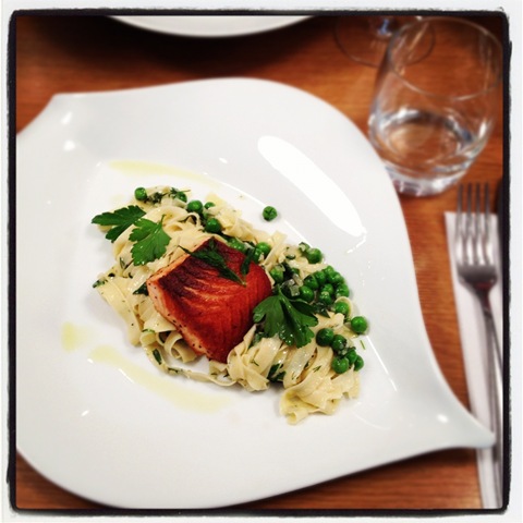 Pan-fried salmon and pes tagliatelle at L'Atalier des Chefs