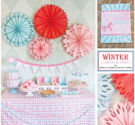 Winter carnival party planning ideas with coral, aqua, and pastel colors from The Party Dress magazine, holiday issue
