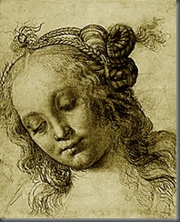 'Head of a Woman', c1475. This is one of several drawings, including one on the reverse of this sheet, for the head of a nymph or Venus. Black chalk has been used softly to suggest the gentle shadows on her cheeks, while white chalk heightens the fall of light. Verrocchio was a sculptor as well as a painter, and his feeling for three-dimensional form is apparent here in the careful shading that creates a sense of volume. Her hair is thin and wispy and is drawn in rapid, thin strokes. When not in elaborate braided patterns and knots, it falls in curls over her shoulders.  PD, 1895-9-15-785 (recto)