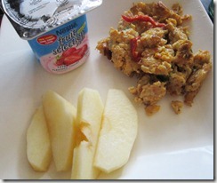 yogurt, crab omelette, apple slices, 240baon