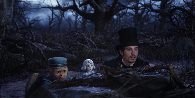 "OZ: THE GREAT AND POWERFUL"<br /><br />Finley (voiced by Zach Braff), left; China Girl (voidced by Joey King), center;  James Franco, right<br /><br />©Disney Enterprises, Inc. All Rights Reserved.<br />