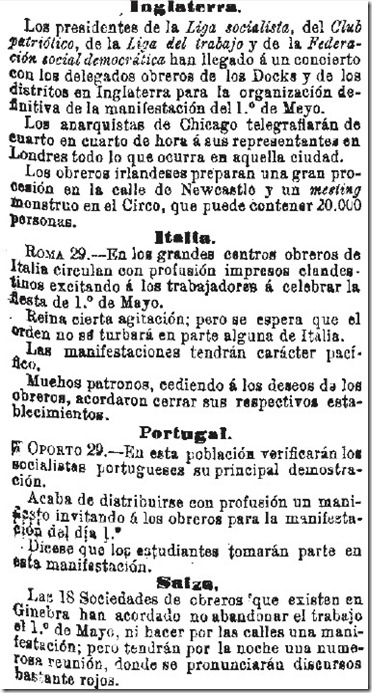 1890-04-30 - La Iberia - 01 (Preparativos del 1º de Mayo - Inglaterra, Italia, Portugal y Suiza)