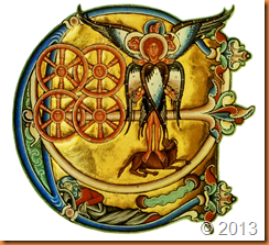 Ezekiel's Vision of the cosmic Tetramorph Winchester bible XIIth century Illuminated letter