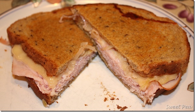 Grilled Turkey Reuben - Turkey and swiss grilled on rye bread with 1,000 Island dressing and sauerkraut makes a tasty sandwich. virginiasweetpea.com 