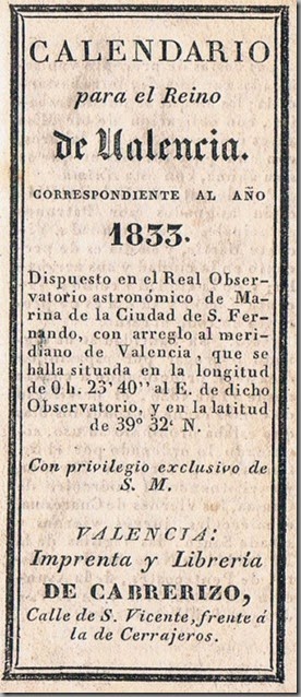 Almanaque para el Reino de Valencia. Cabrerizo. 1833