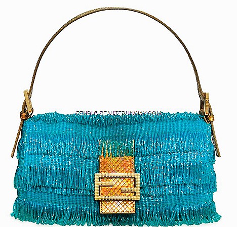 FENDI TURQUOISE BAGUETTE BAG python leather luxury iconic designs double FF sequins double F gold matt leather clasp calf skin, pony hair, sequins, beads, colours, vibrant aqua summer wardrobe 2012 checked logo Cover BOOK
