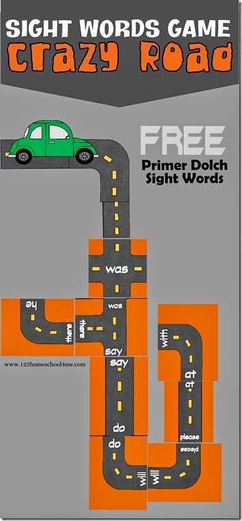 Crazy Roads Sight Words Game is a really fun, hands on sight word game for Kindergarten age kids to practice Primer Dolch Words. Great for older kids to review sight words too. Free Printable game for Homeschool! Crazy Roads Sight Words Game is a really fun, hands on sight word game for Kindergarten age kids to practice Primer Dolch Words. Great for older kids to review sight words too. Free Printable game for Homeschool!