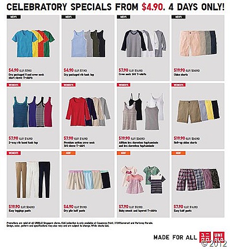 UNIQLO Parkway Parade Opening Special Buys UNIQLO UT shirt skirts dress jacket knits sweater pants shorts dry pack chino pants