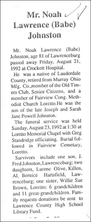 Johnston Lawrence N Obit