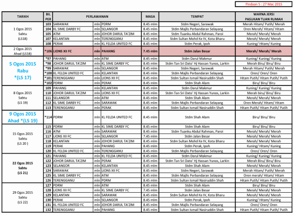 Jadual Lengkap Liga Super 2015