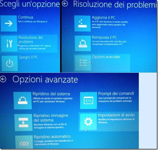 Windows 8 schermate Scegli un'opzione, Risoluzione dei problemi e Opzioni avanzate
