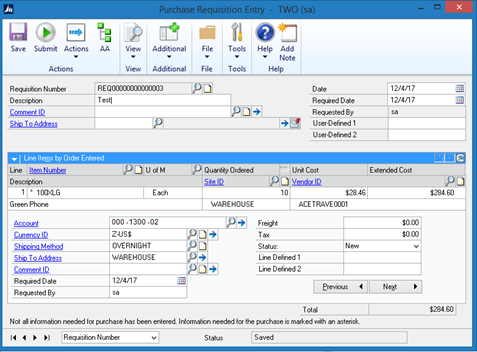 Requisition Window