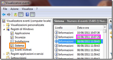 Visualizzatore eventi Windows 7