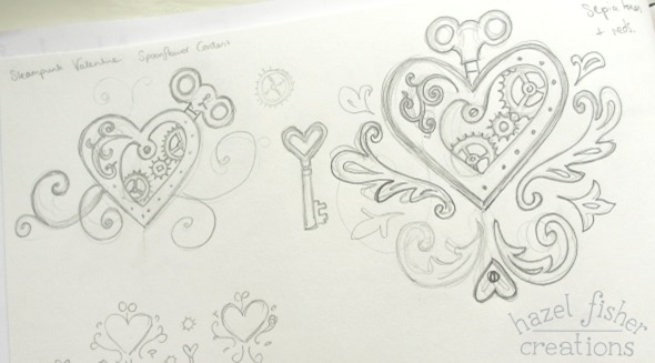 steampunk valentine spoonflower contest entry surface pattern design sketchbook hazel fisher creations 06Feb2015