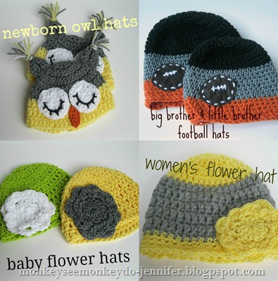 crochet hats collage foot ball hat owl hat flower hat