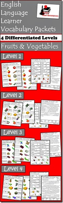 Vocab Packets - Fruits & Vegetables - Free download - Help your ESL students understand key vocabulary words in English using this differentiated vocabulary packet - from Raki's Rad Resources.