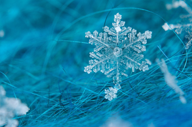 Close up of a snow flake, on a blue-green mohair scarf.