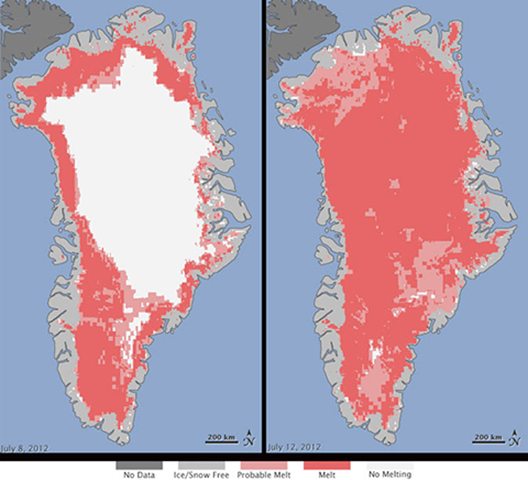 Greenland surface melt measurements from three satellites on July 8 (left panel) and July 12 (right panel), 2012. NASA, 2012