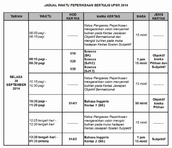 jadual peperiksaan UPSR 2014-BI-Sains