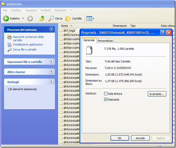 Dimensioni totali delle cartelle di backup dei vecchi aggiornamenti di Windows XP