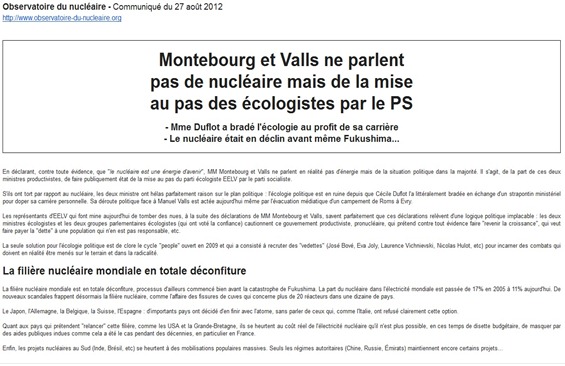 Valls Montebourg Observatoire du Nucléaire comunicat del 270812