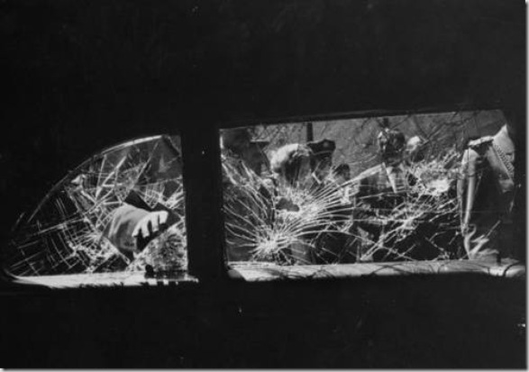 Demonstrators shattering the windows on Vice President Richard M. Nixon’s car during his tour of South America.