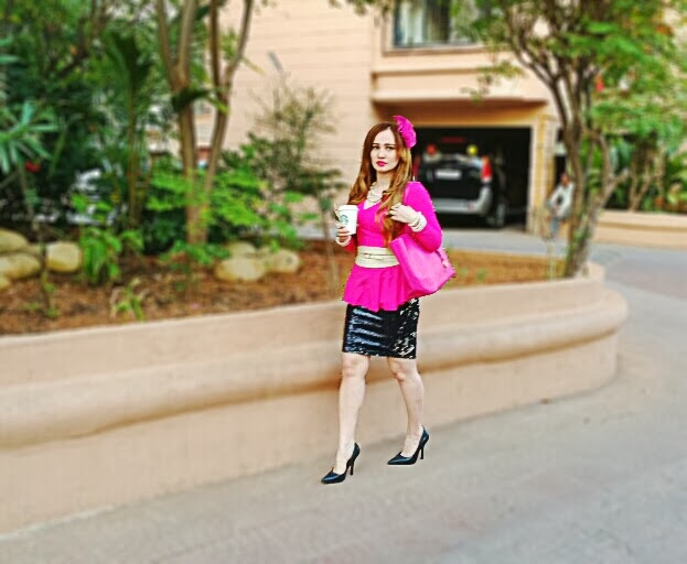 Pink Peplum Top, Zara Black & Silver Sequin Skirt, Micheal Kors Bag