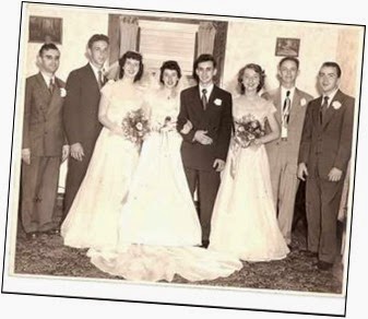 Harry and Ruth Weber Wedding: Left to Right - Bob Weber (brother of groom), Don Faust, Jane Weber (sister of bride), Ruth Weber, Harry Weber, Laverne Tragesser, Norbert Weber (father of bride), Dick Mathews -- 25 June 1949, St. Philip Neri Catholic Church, Indianapolis, IN.