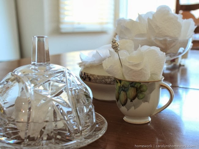 Bridal Shower Decor with bathroom tissue flowers via homework | carolynshomework.com