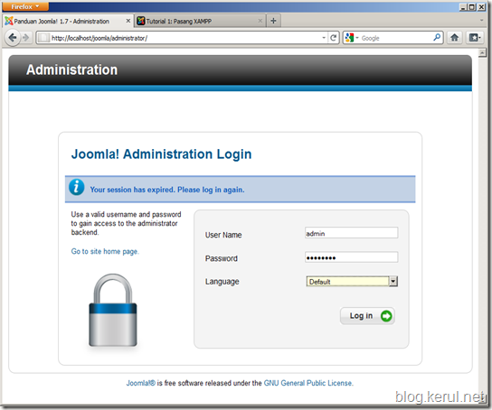 login panel penyelenggaraan Joomla!