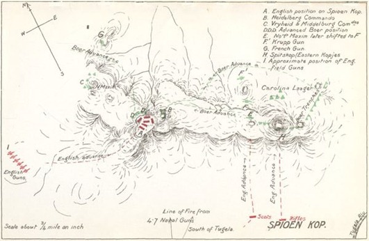Map of Spion Kop and surrounding hills. Points A & B are on Spion Kop, from the book, "My Reminiscences of the Anglo-Boer War" by General Ben Viljoen, pubished in 1902 Map of Spion Kop and surrounding hills. Points A & B are on Spion Kop, from the book, "My Reminiscences of the Anglo-Boer War" by General Ben Viljoen, pubished in 1902