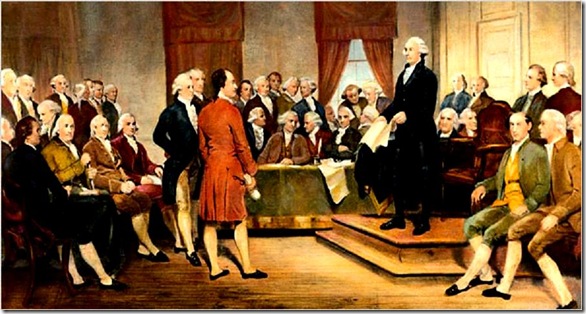 c. 1856 --- The signing of the United States Constitution in 1787.  Painting by Junius Brutus Stearns. --- Image by © Bettmann/CORBIS<br /><br />Published 11-27-2007: Joseph J. Ellis (Jim Gipe)  "George Washington Addressing the Constitutional Convention,"  Junius Brutus Stearns, 1856.   (Associated Press Photo/Virginia Museum of Fine Arts)