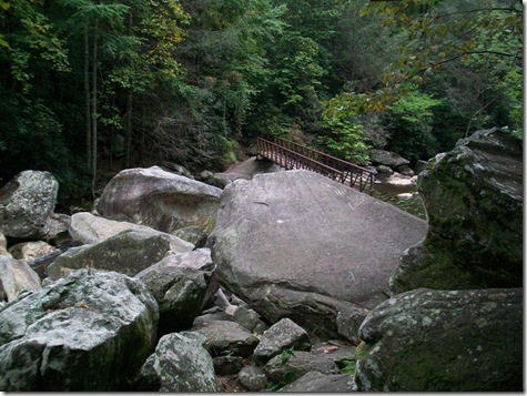 Whitewater falls bridge and boulders