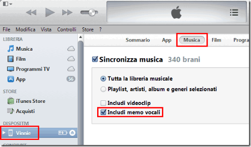 iTunes sincronizza memo vocali