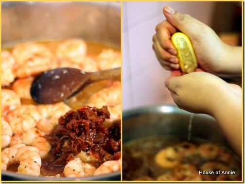 Adding sun dried tomatoes and lemon juice to shrimp scampi