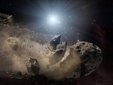 ilustração de um asteroide se despedaçando no espaço
